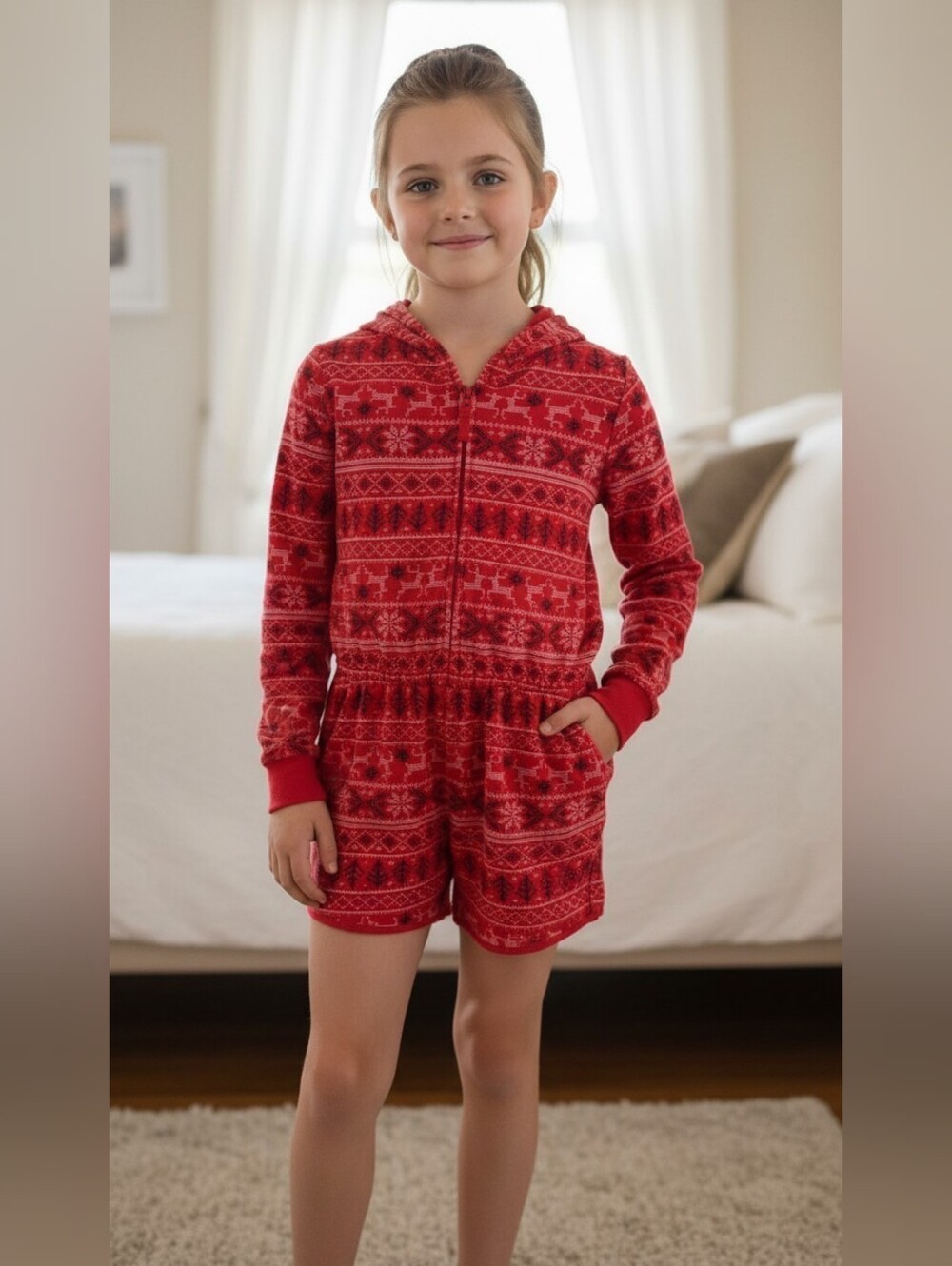 Girls PJ romper Size 10/12 Red Fair Isle Geometric Festive Print